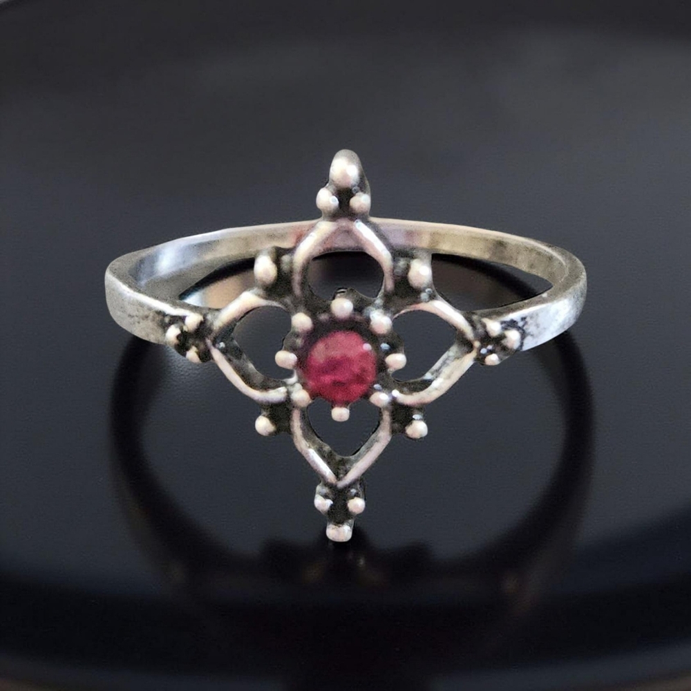 Silver Tone Ring with Red Stone Size 8 - Picture 2 of 6